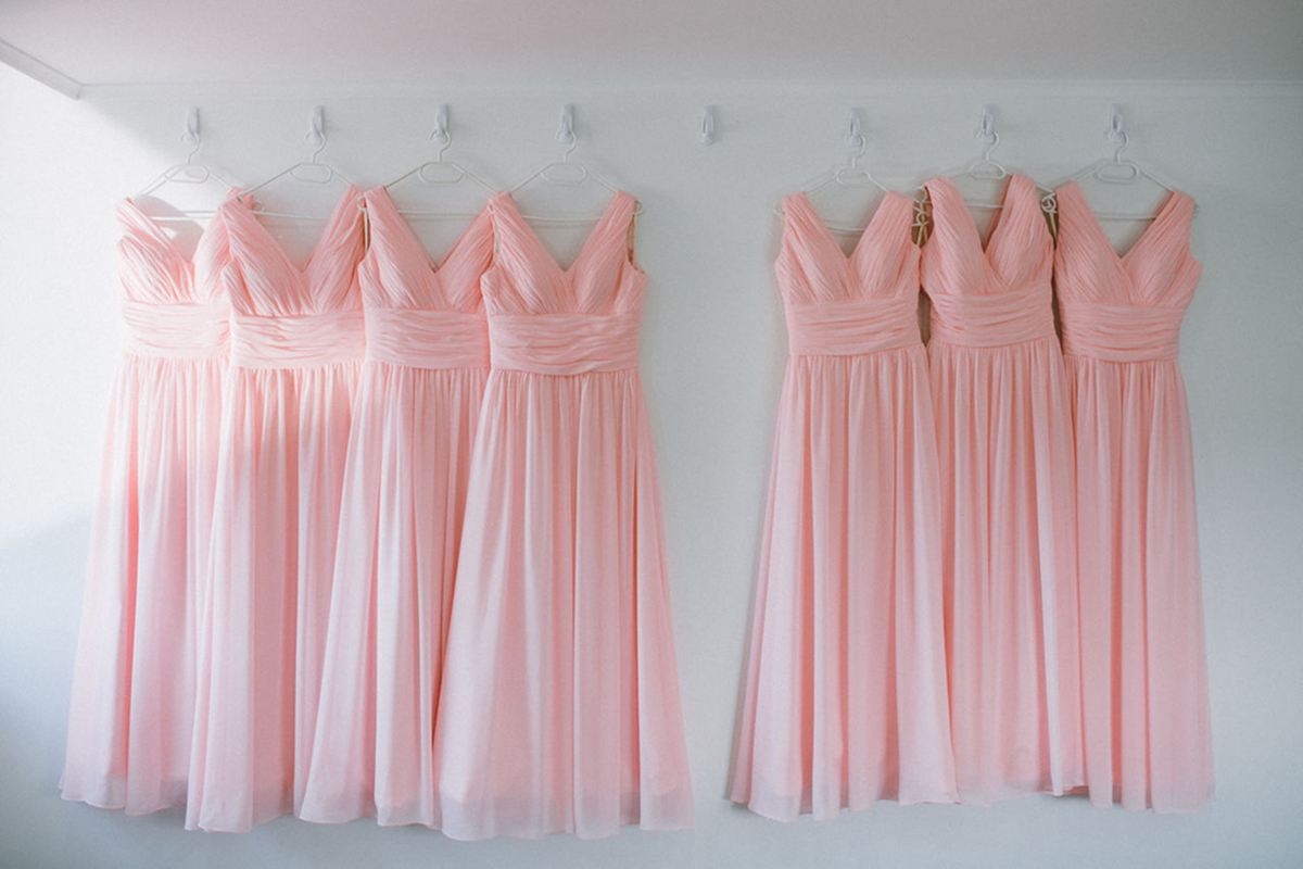 Pink bridesmaid dresses. Elegant formal gowns.