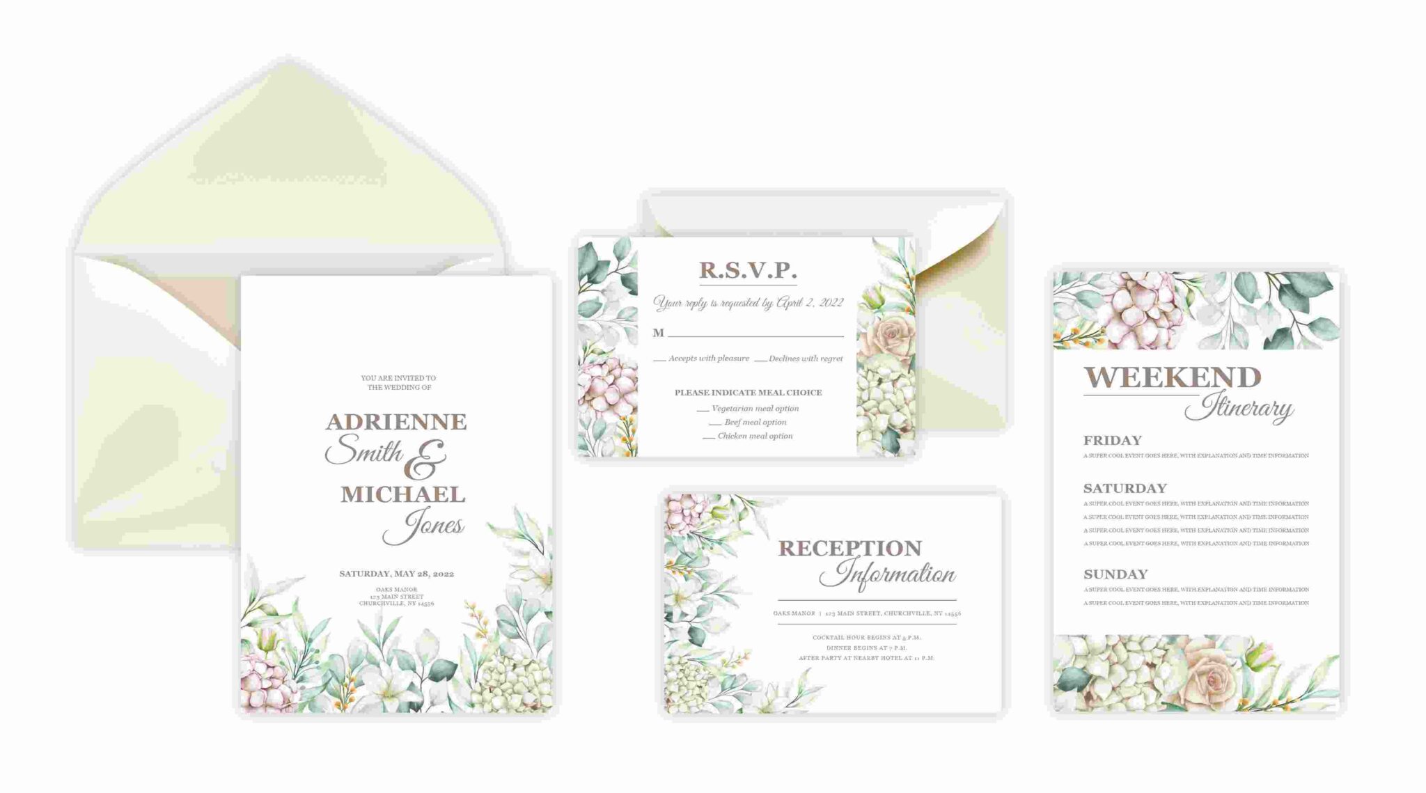 A set of wedding stationery with floral design. Includes invitation, RSVP card, reception card, and weekend agenda.