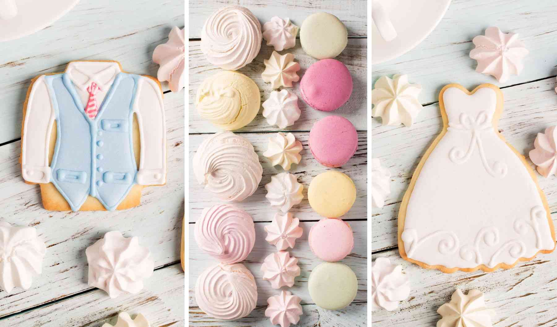 A groom and bride cookie with pastel meringues