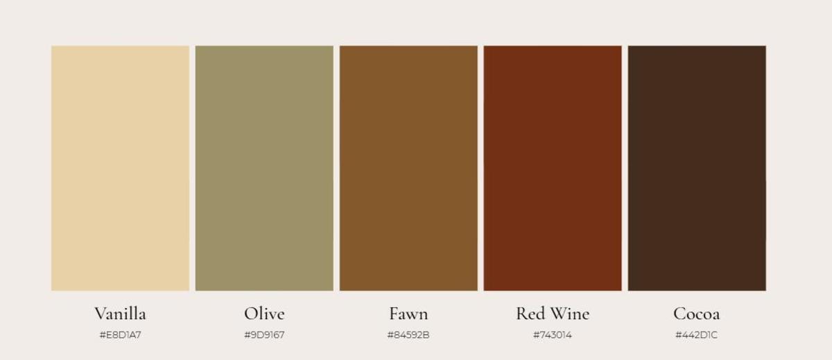 A selection of earthy colors including Vanilla, Olive, Tawny, Red Wine, and Cacao.