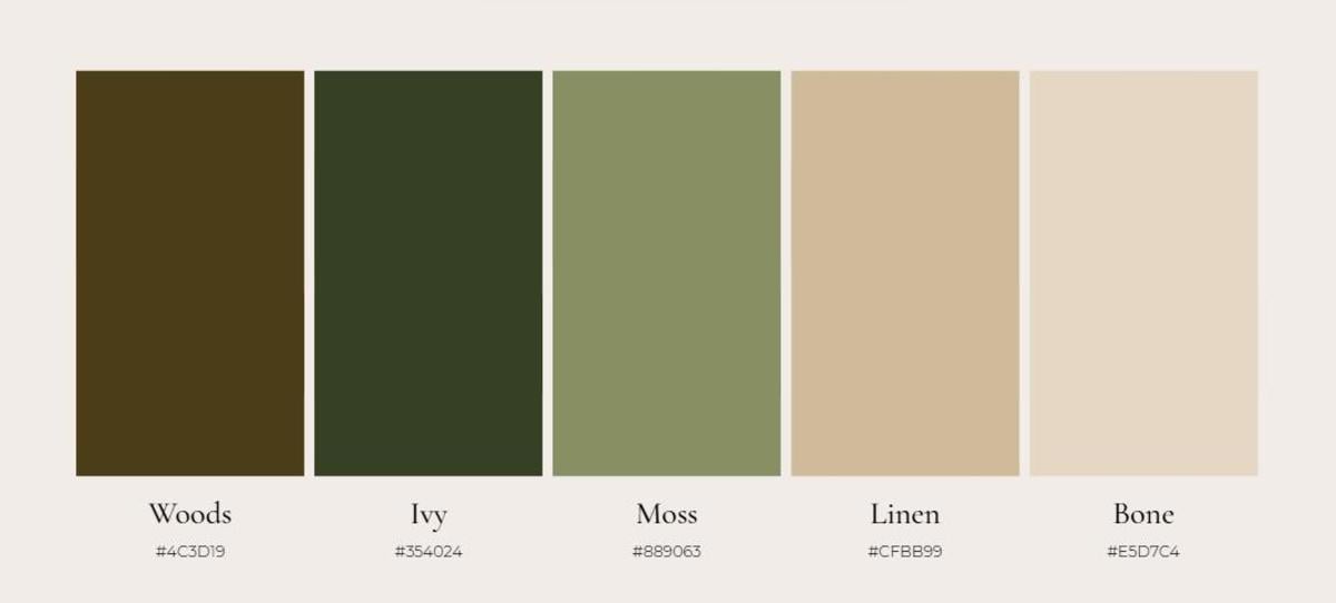 A color palette featuring earthy tones including brown, green, and beige.