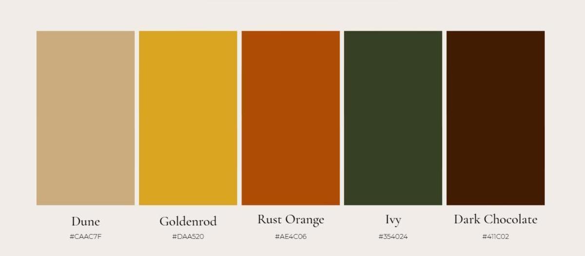 A selection of earthy colors including beige, yellow, orange, green, and brown.