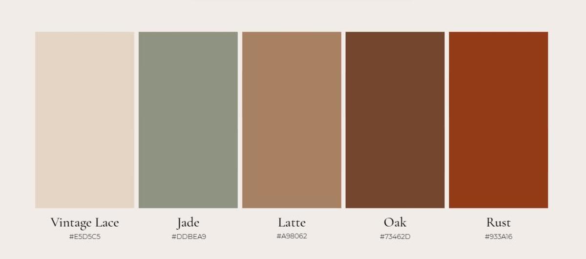 A color palette featuring warm earth tones including beige, green, brown, and tan.