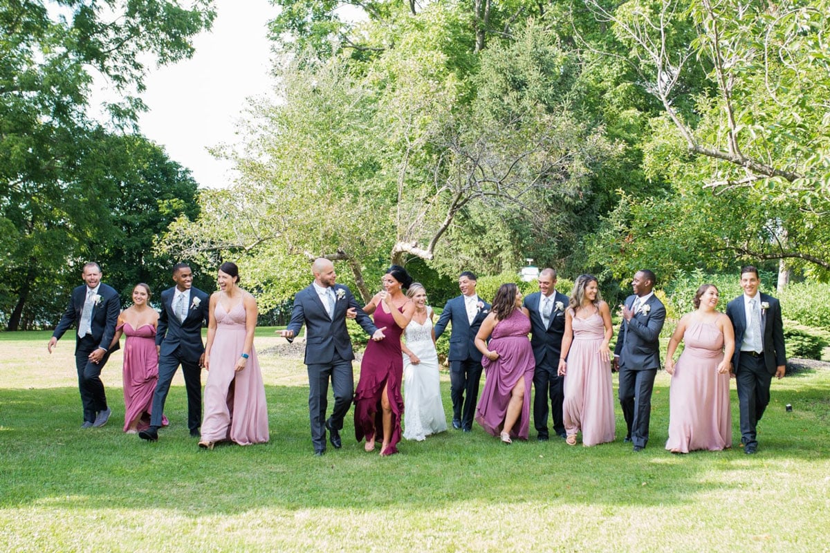 A group of people in formal wear standing on grass. They appear to be a wedding party.
