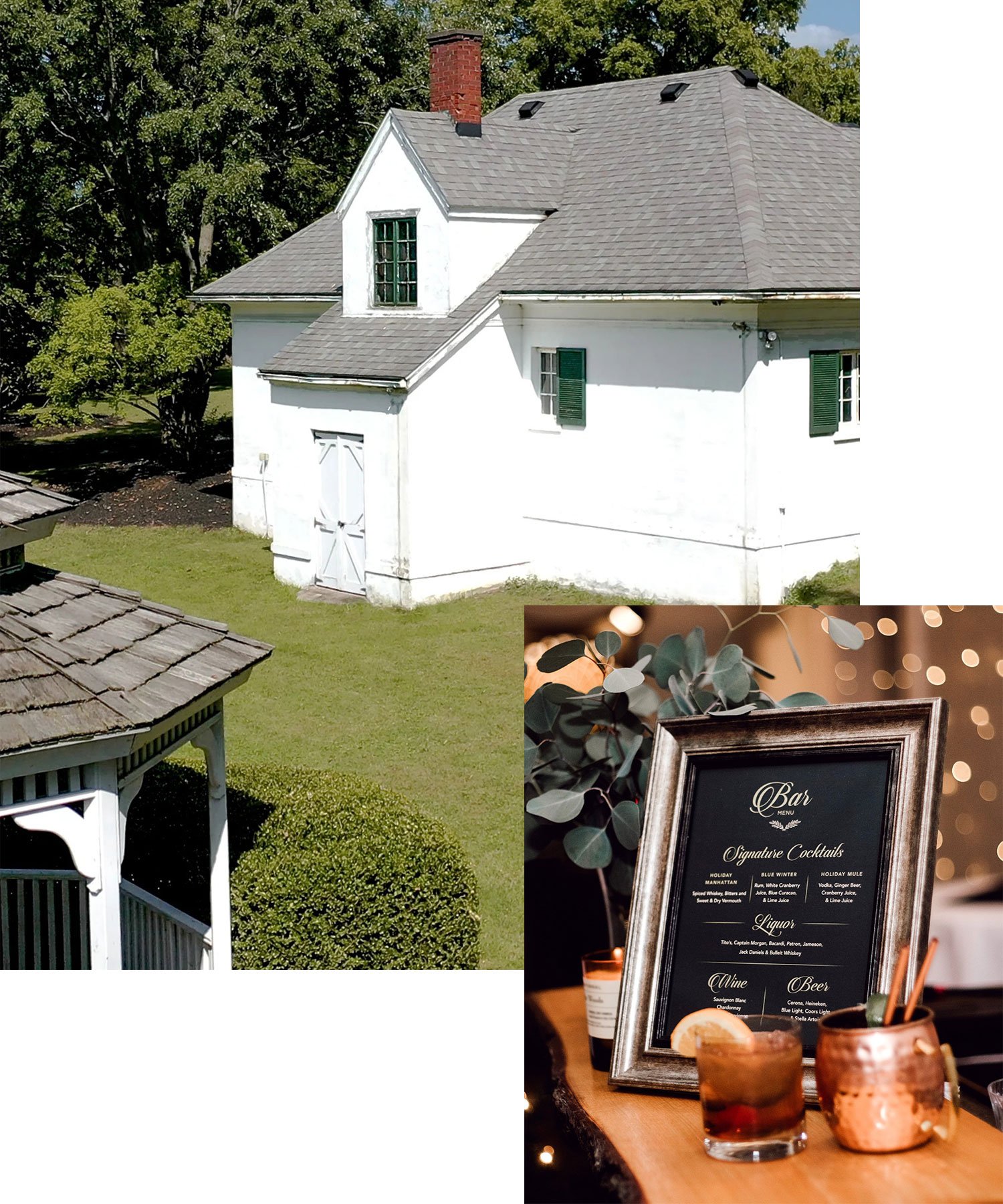 A white house with a gray roof and a cocktail bar
