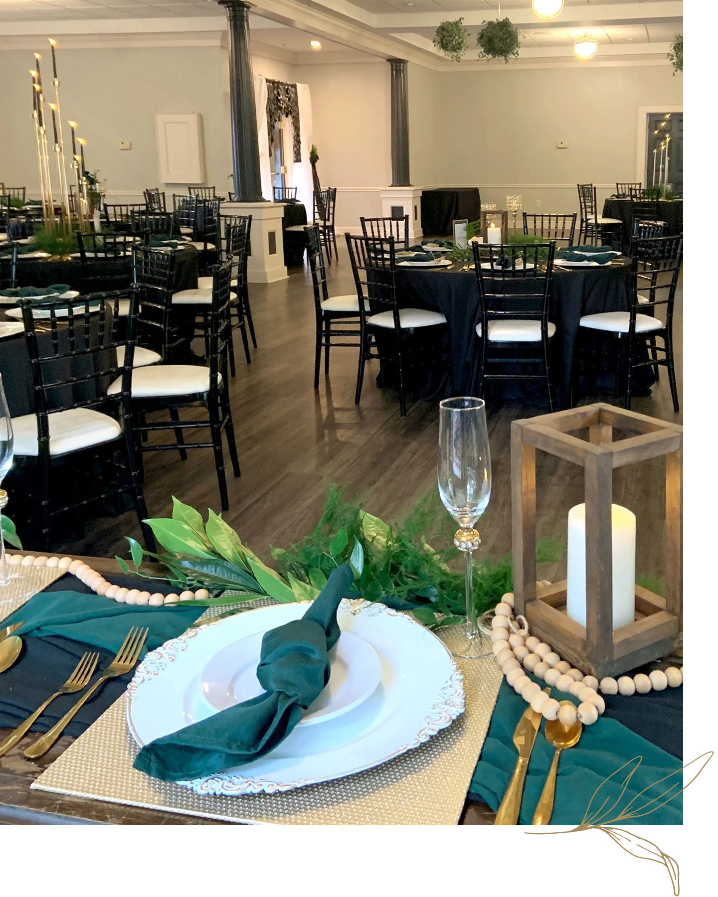 A beautifully set table with green napkins and decor. A modern event space with round tables and black chairs.