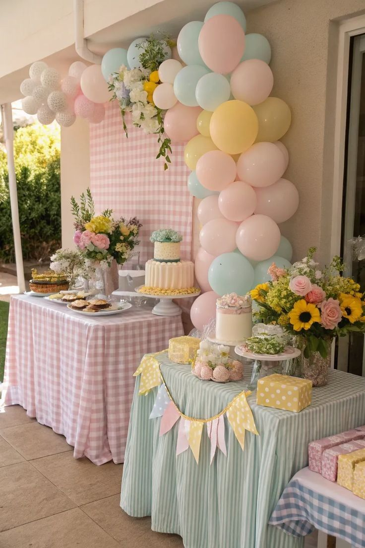 A beautifully decorated table with pastel colored balloons and a cake. The table is set for a special occasion.