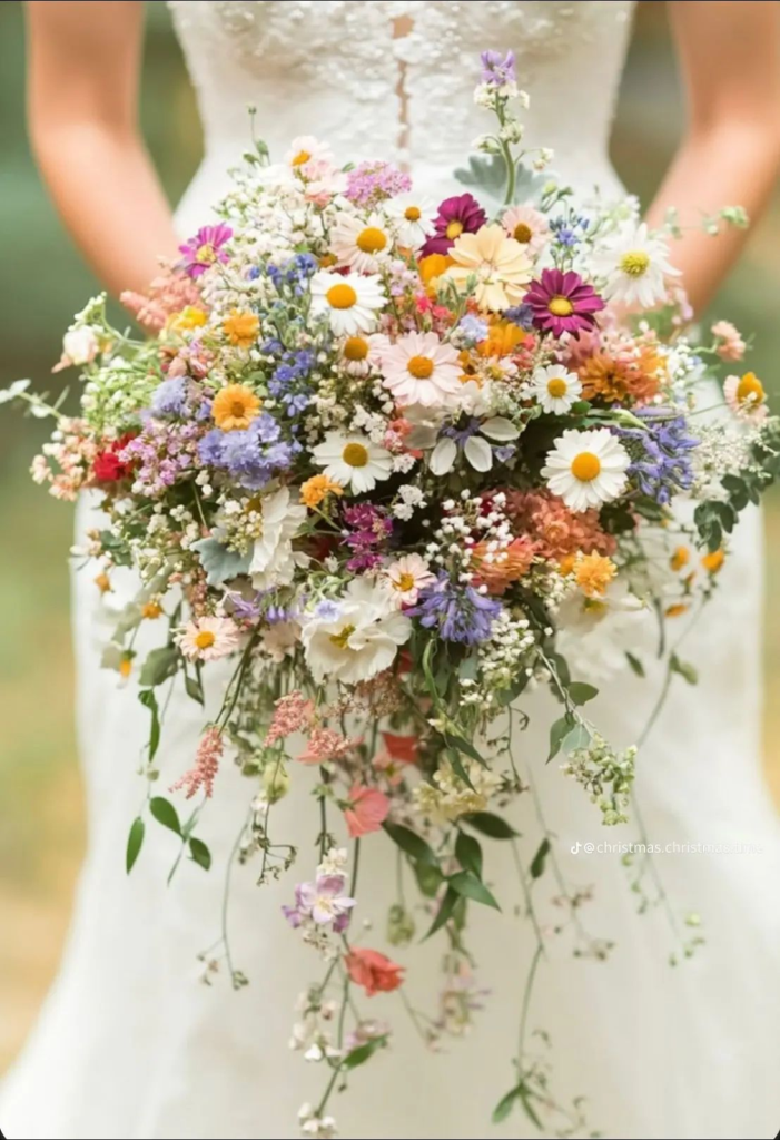 A bride holding a vibrant bouquet of flowers. The bouquet features a mix of white, pink, purple, and orange blooms.