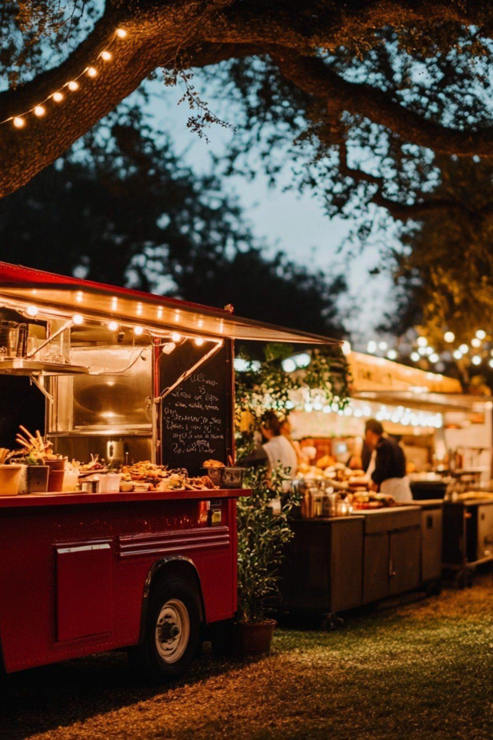 a red food truck with string lights at night. people are standing around