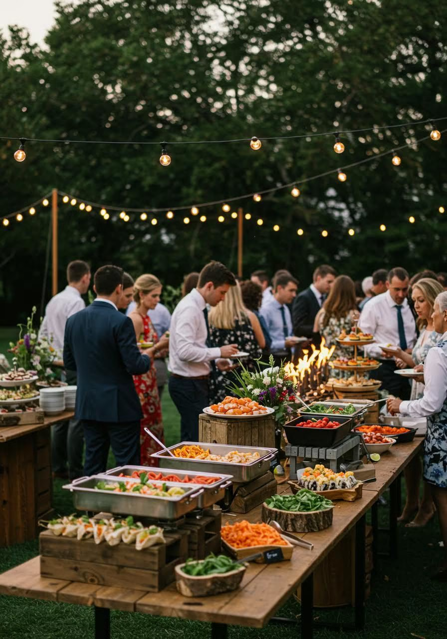 A buffet table filled with food at an outdoor wedding reception. Guests are standing and socializing in the background.