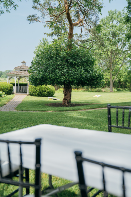An outdoor event space with a gazebo and tree. A table and chairs are set up in the foreground.