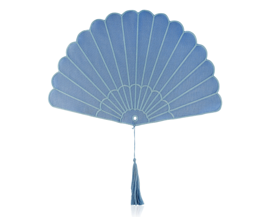A blue hand fan with a tassel. Traditional Chinese fan.
